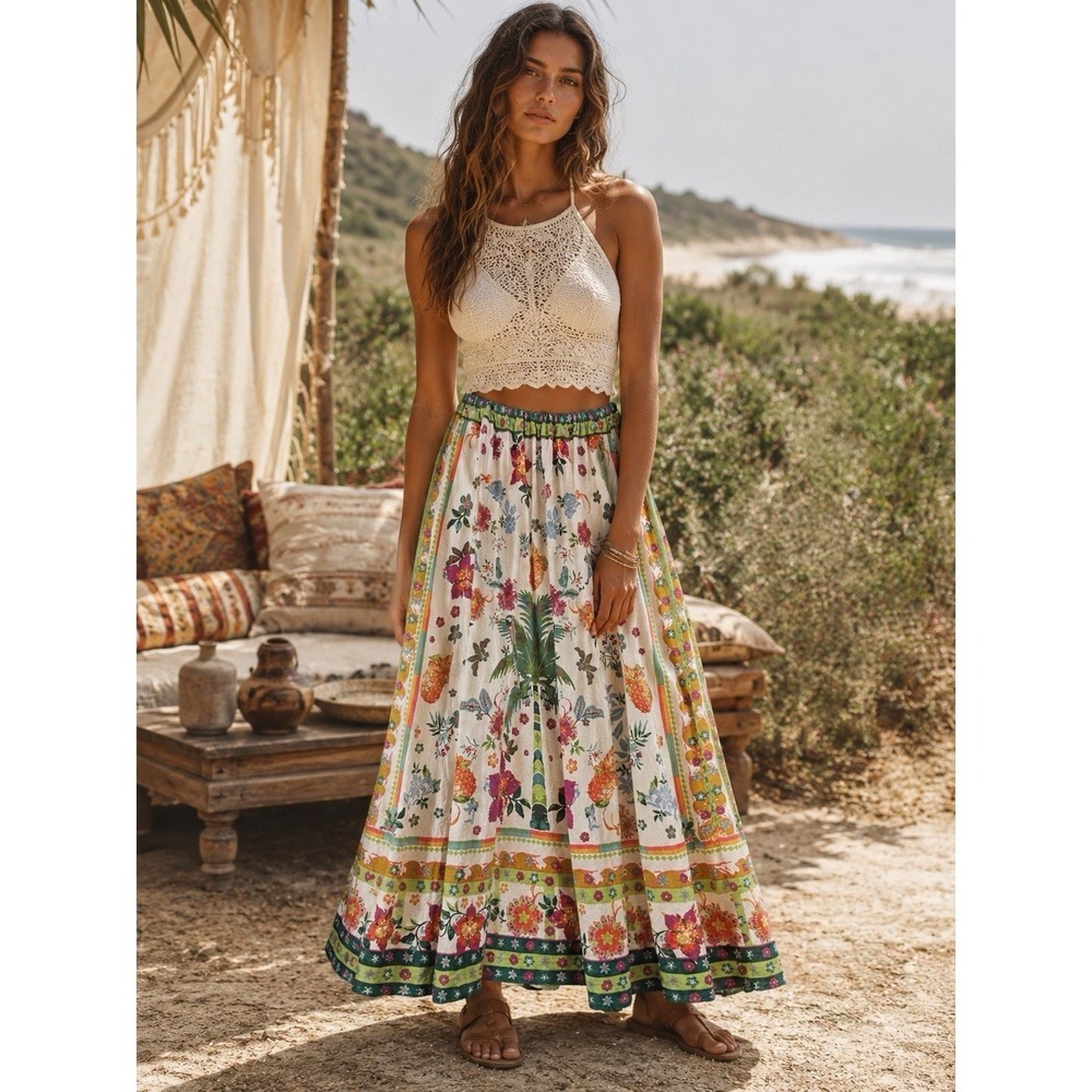 Rachel Zoe Maxi Skirt L Tropical Floral Palm Print Boho Elastic Waist Resort